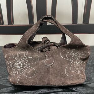 Donna Dixon Small Brown Faux Suede Floral Embroidered Handbag